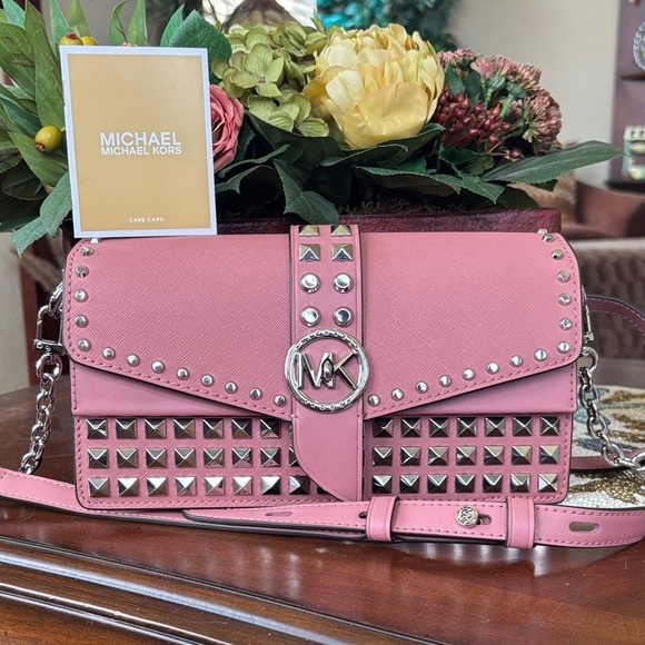 Brand New Michael Kors Pink Leather Greenwich Convertible Studded Shoulder Bag - Picture 1 of 16